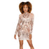 Sexy Round Neck Sequins And Fur Decoration See-Through Rose Mini Dress #Long Sleeve